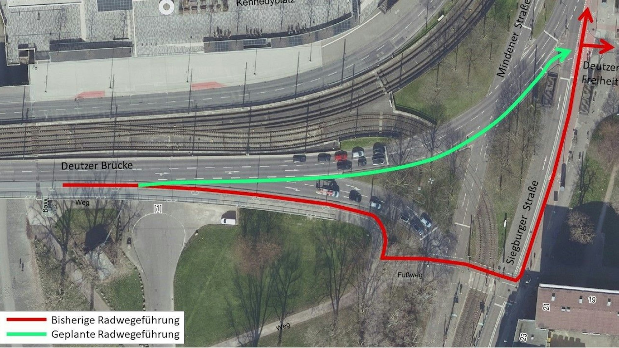 Karte von einem Auszug von Köln-Deutz, wo ein neuer Radweg entstehen soll.