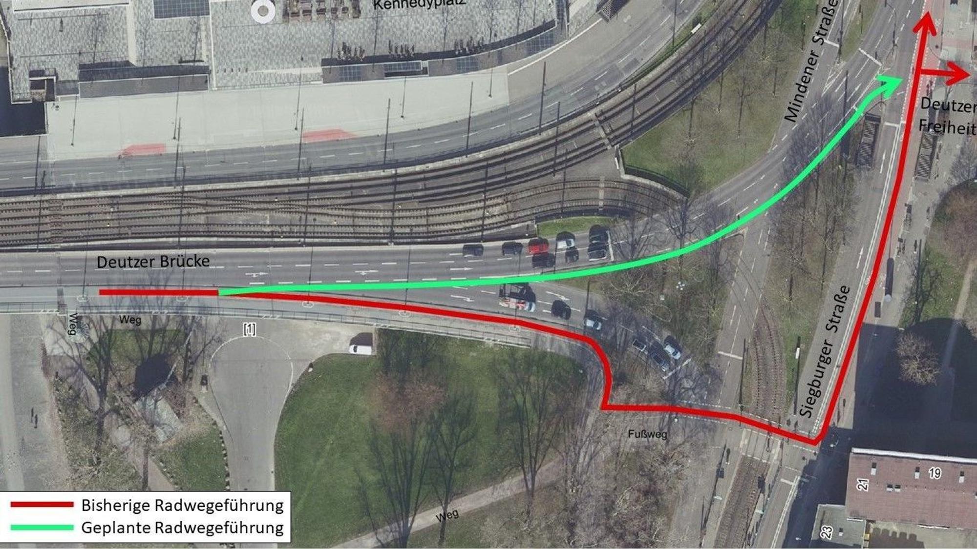 Karte von einem Auszug von Köln-Deutz, wo ein neuer Radweg entstehen soll.