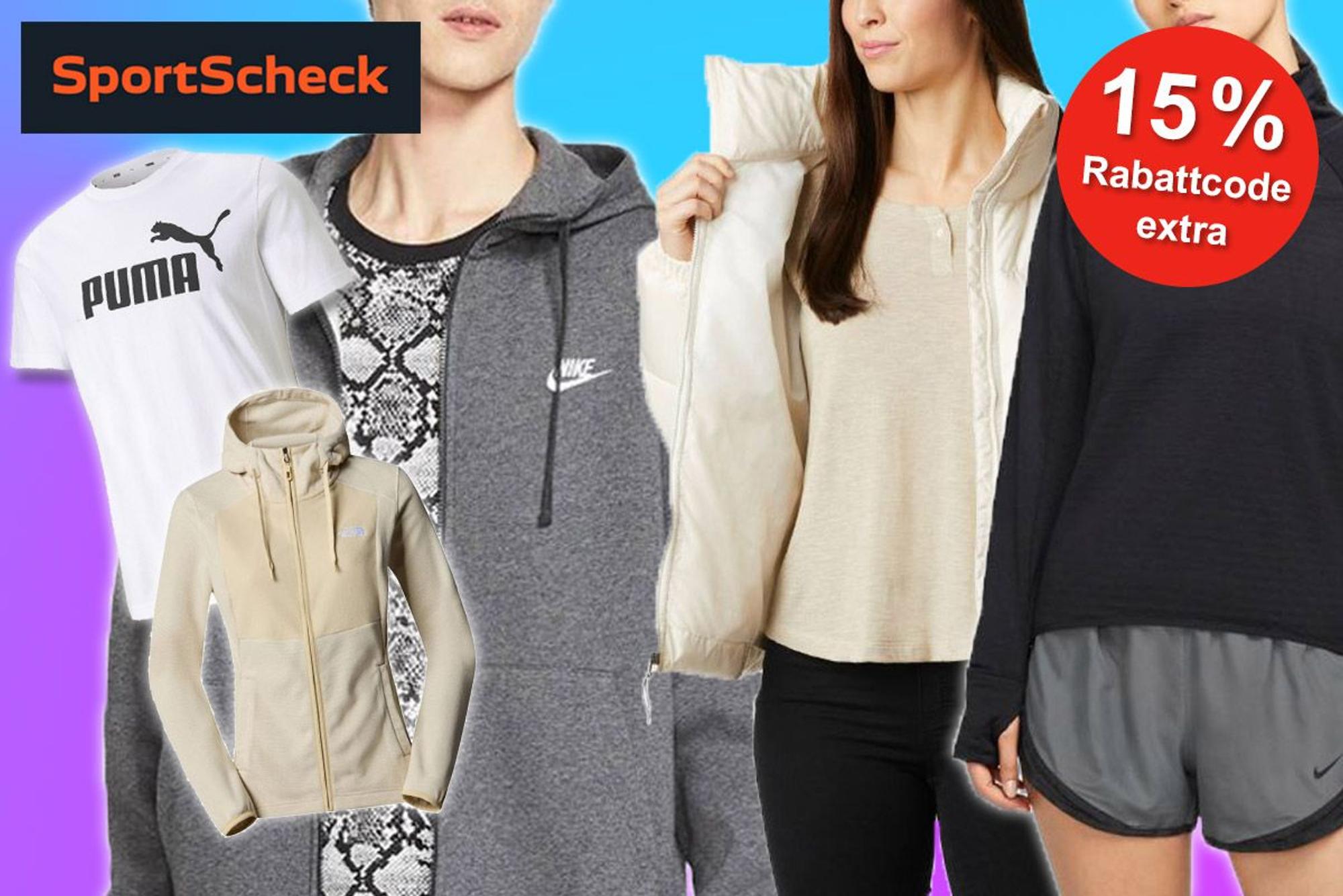 Sportliche Oberteile und Jacken von Puma, Nike, The North Face und Columbia, getragen von Models.