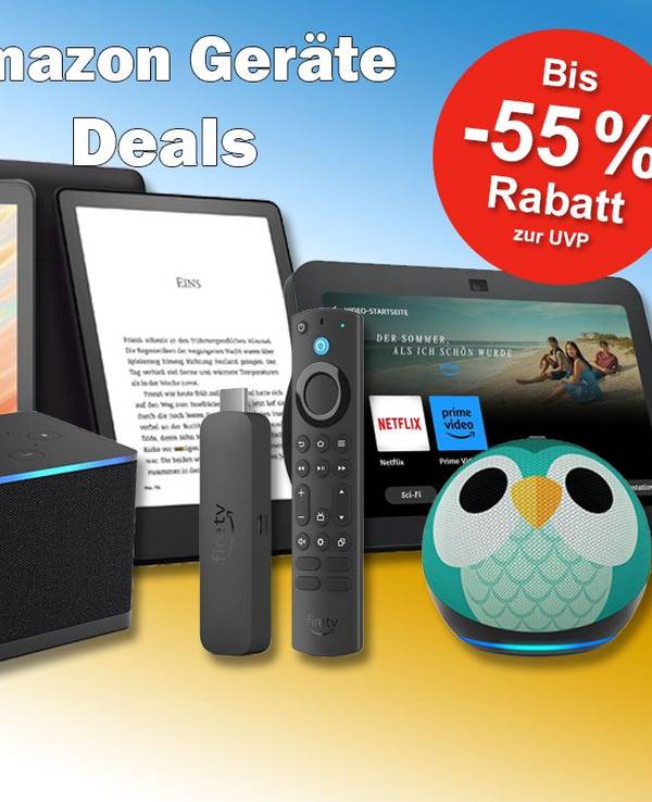 Echo Dot, Fire HD 10 Tablet, Echo Dot 5 Kids, Echo Pop, Kindle Paperwhite, Fire TV Stick 4K Max oder Fire TV Cube vor buntem Hintergrund mit Amazon Logo.