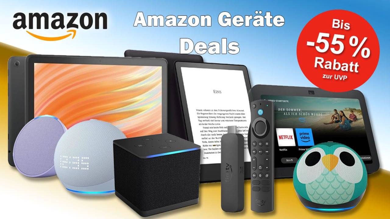 Echo Dot, Fire HD 10 Tablet, Echo Dot 5 Kids, Echo Pop, Kindle Paperwhite, Fire TV Stick 4K Max oder Fire TV Cube vor buntem Hintergrund mit Amazon Logo.