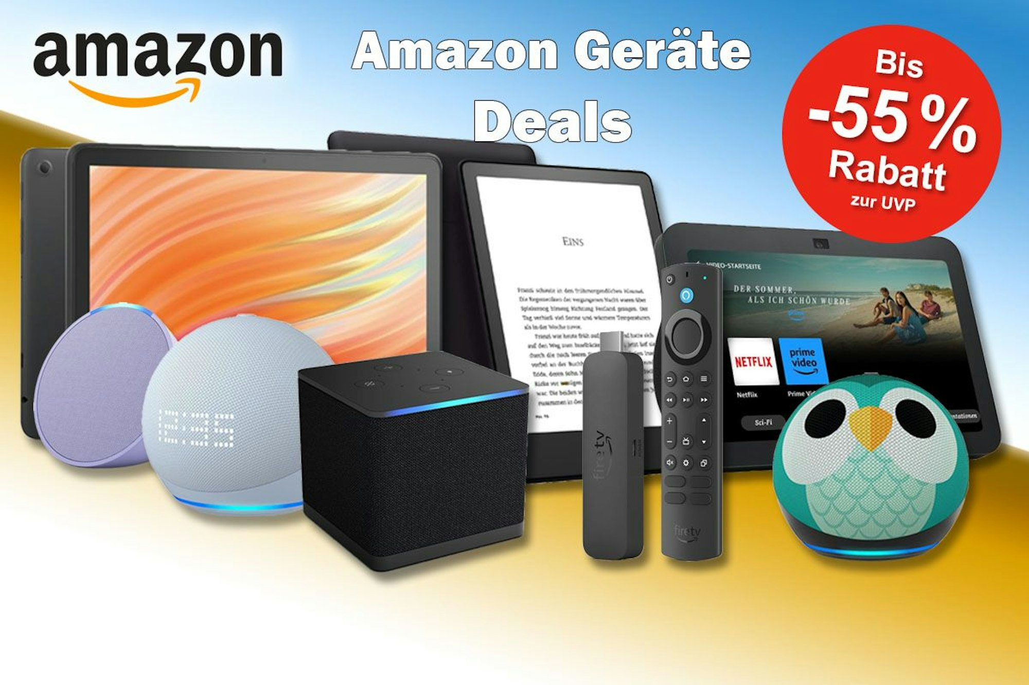 Echo Dot, Fire HD 10 Tablet, Echo Dot 5 Kids, Echo Pop, Kindle Paperwhite, Fire TV Stick 4K Max oder Fire TV Cube vor buntem Hintergrund mit Amazon Logo.
