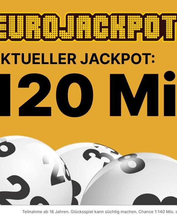 Eurojackpot Logo und Lottokugeln mit Schrift Jackpot 120 Millionen €.