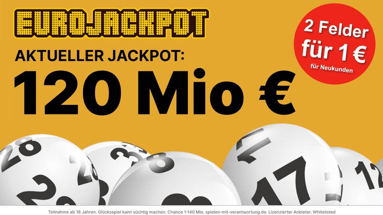 Eurojackpot Logo und Lottokugeln mit Schrift Jackpot 120 Millionen €.