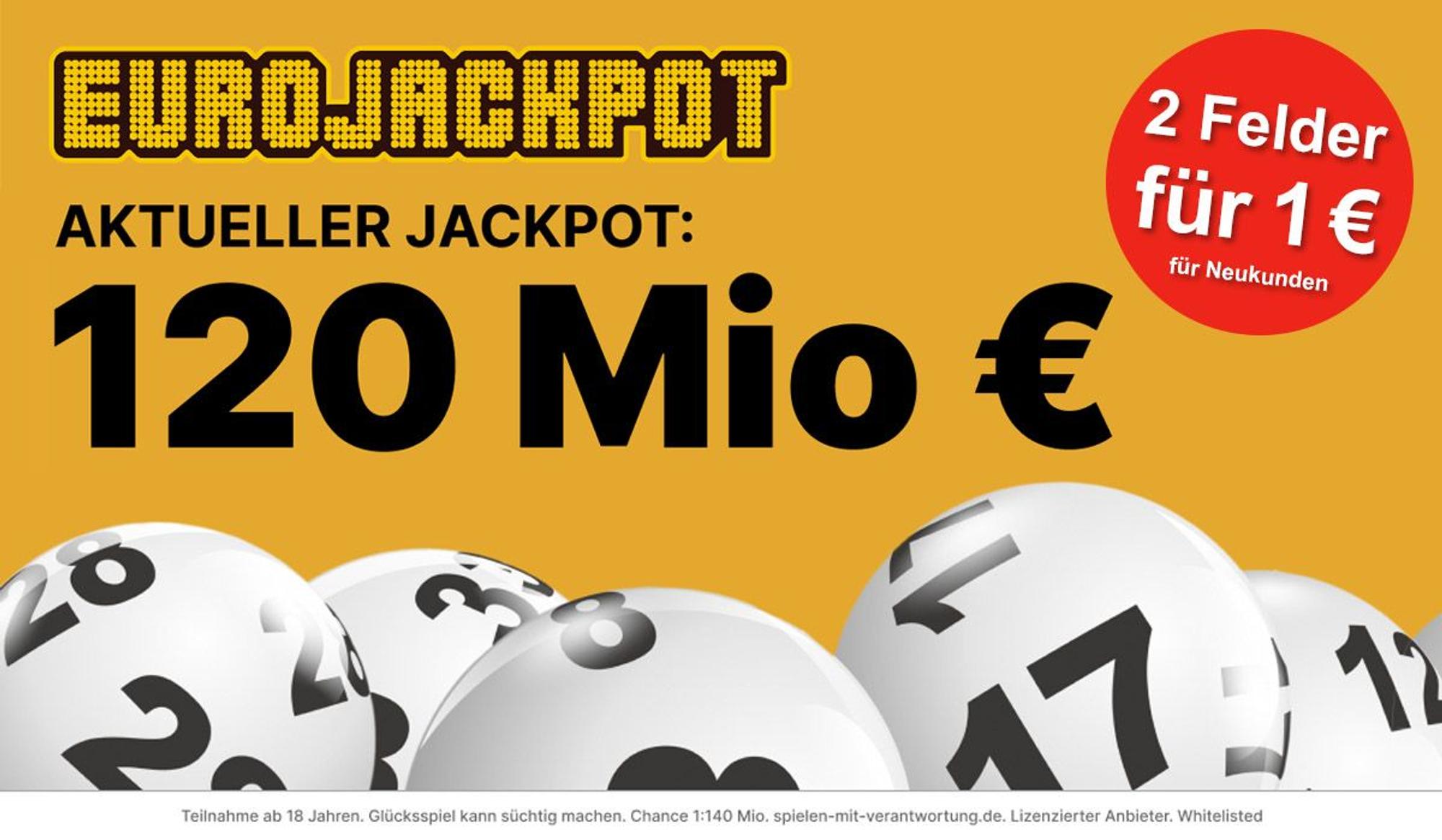 Eurojackpot Logo und Lottokugeln mit Schrift Jackpot 120 Millionen €.
