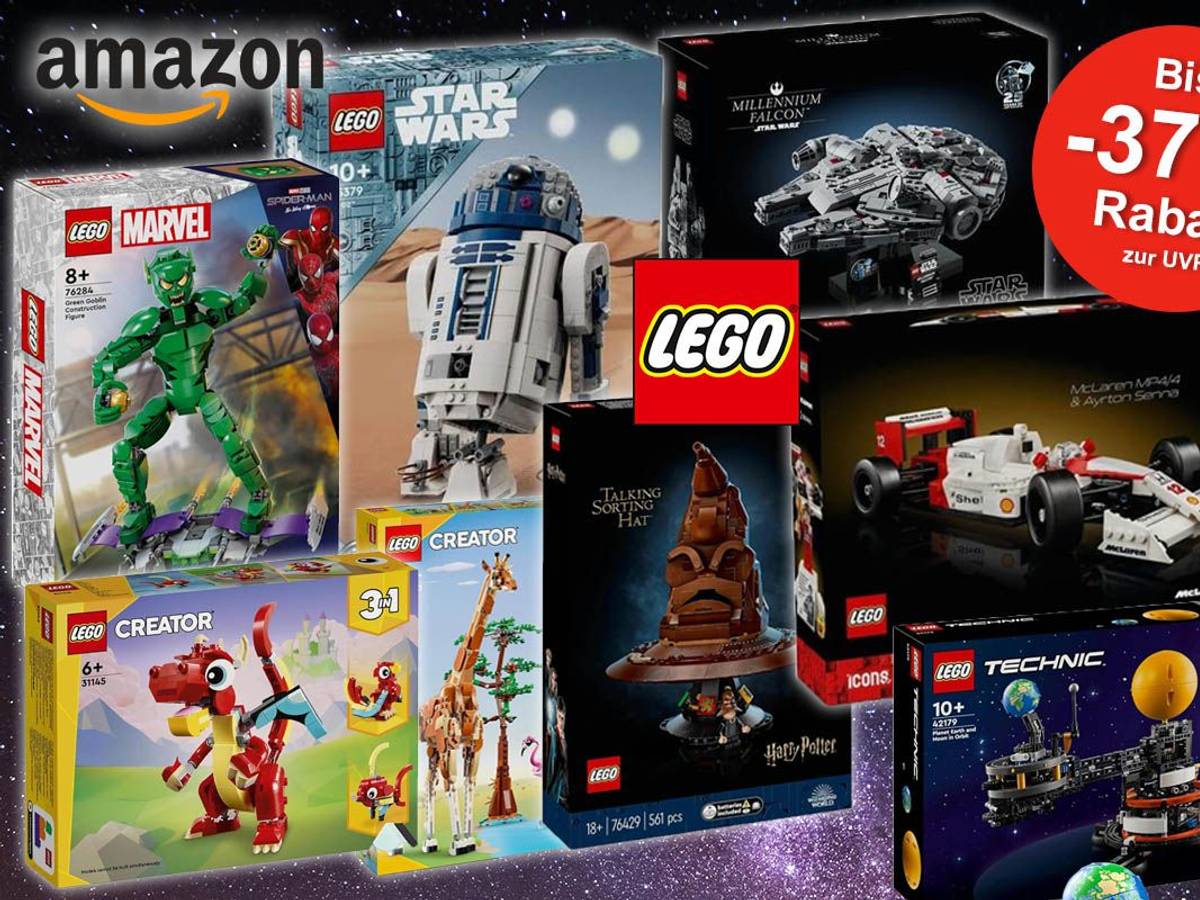 Lego Sets wie Lego Star Wars Reihe zu Millennium Falcon und R2-D2, Lego Harry Potter der Sprechende Hut, Lego Marvel Green Goblin oder Technic Sonnensystem, Lego MacLaren Senna Formel 1.