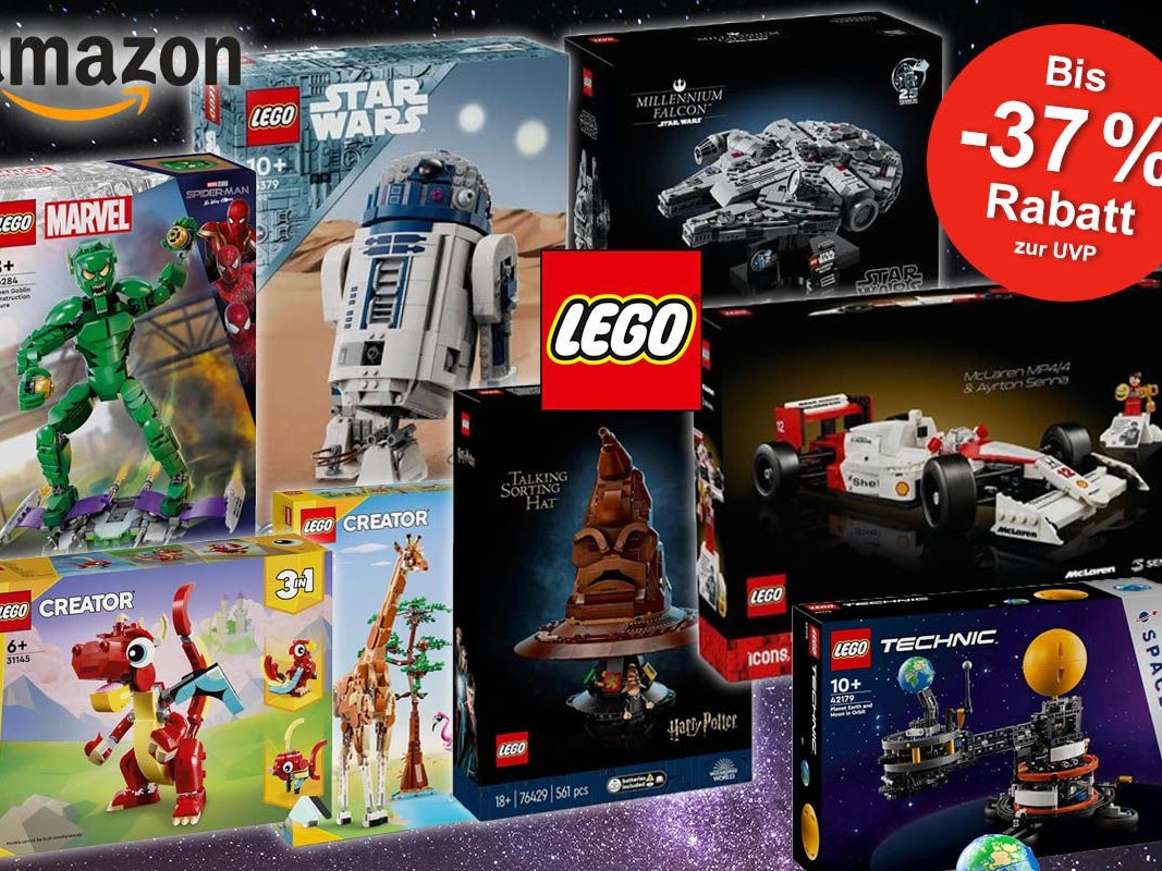 Lego Sets wie Lego Star Wars Reihe zu Millennium Falcon und R2-D2, Lego Harry Potter der Sprechende Hut, Lego Marvel Green Goblin oder Technic Sonnensystem, Lego MacLaren Senna Formel 1.