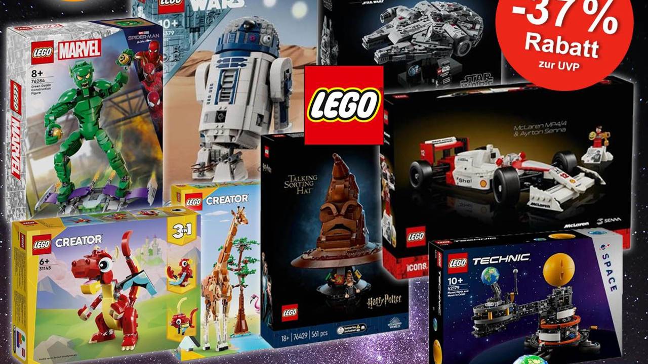 Lego Sets wie Lego Star Wars Reihe zu Millennium Falcon und R2-D2, Lego Harry Potter der Sprechende Hut, Lego Marvel Green Goblin oder Technic Sonnensystem, Lego MacLaren Senna Formel 1.