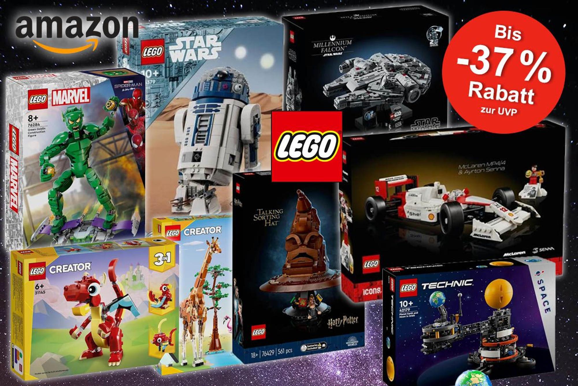 Lego Sets wie Lego Star Wars Reihe zu Millennium Falcon und R2-D2, Lego Harry Potter der Sprechende Hut, Lego Marvel Green Goblin oder Technic Sonnensystem, Lego MacLaren Senna Formel 1.
