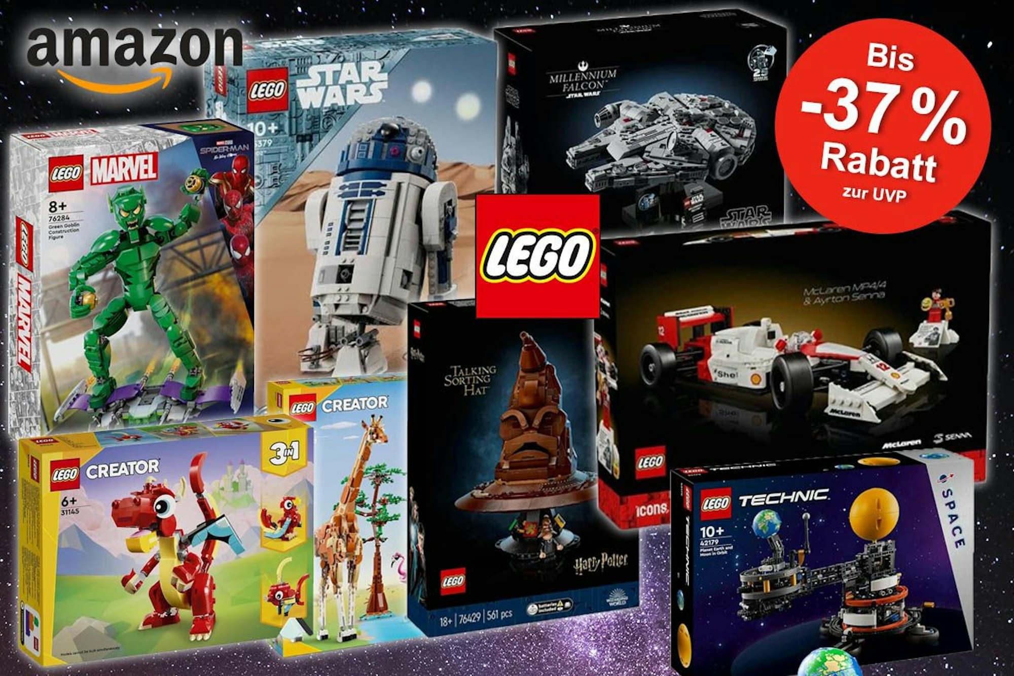 Lego Sets wie Lego Star Wars Reihe zu Millennium Falcon und R2-D2, Lego Harry Potter der Sprechende Hut, Lego Marvel Green Goblin oder Technic Sonnensystem, Lego MacLaren Senna Formel 1.