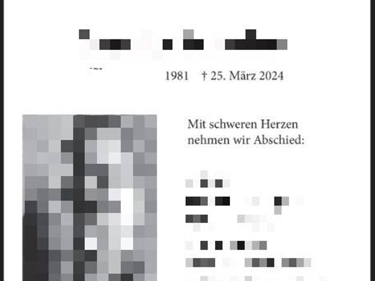 Screenshot der Traueranzeige für den Verstorbenen. Einige Bilder und Wörter sind gepixelt.