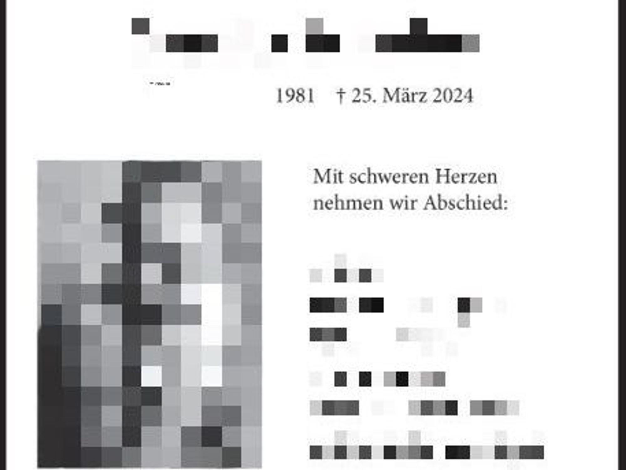 Screenshot der Traueranzeige für den Verstorbenen. Einige Bilder und Wörter sind gepixelt.