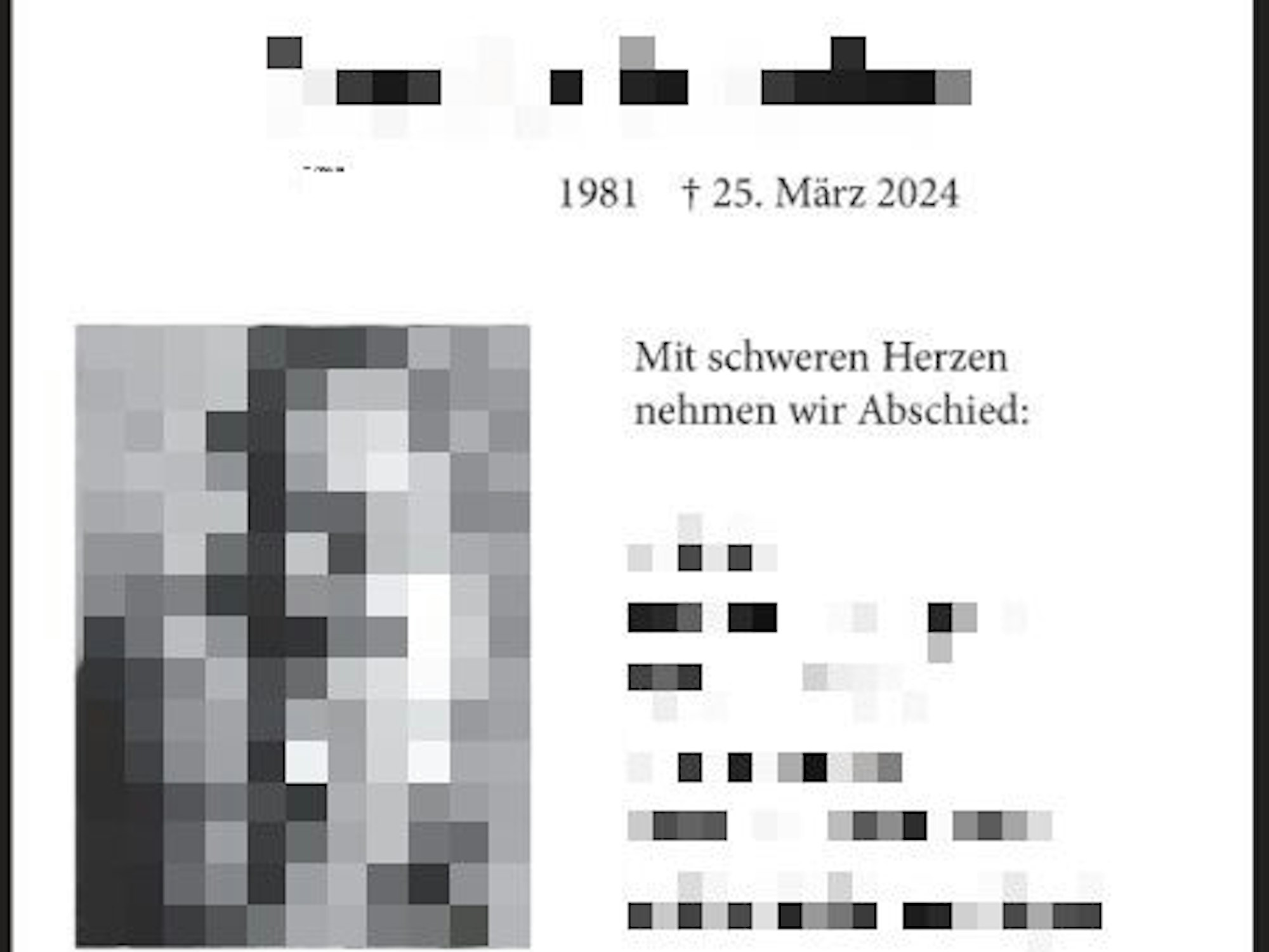 Screenshot der Traueranzeige für den Verstorbenen. Einige Bilder und Wörter sind gepixelt.