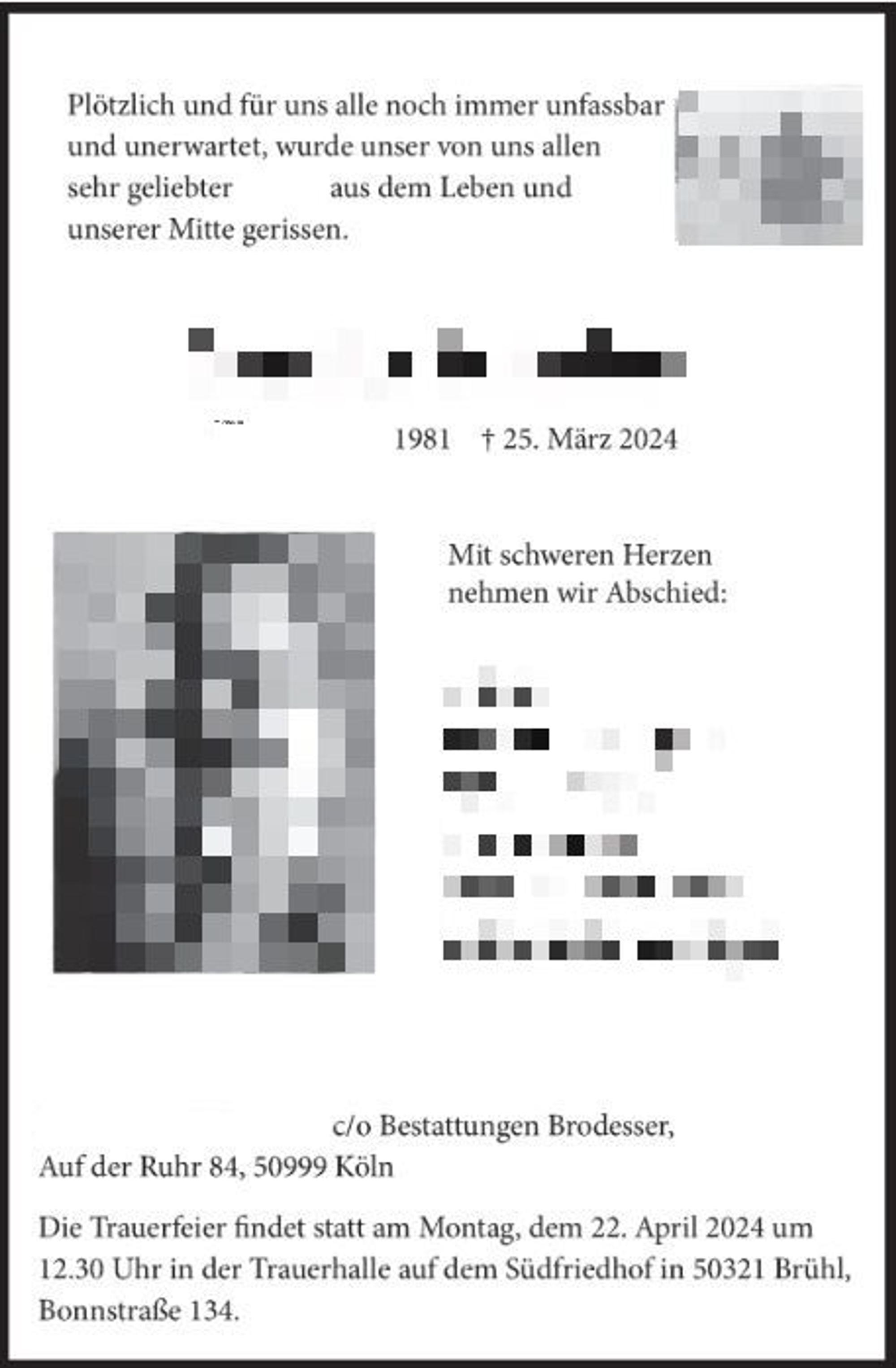 Traueranzeige für einen toten Mann.