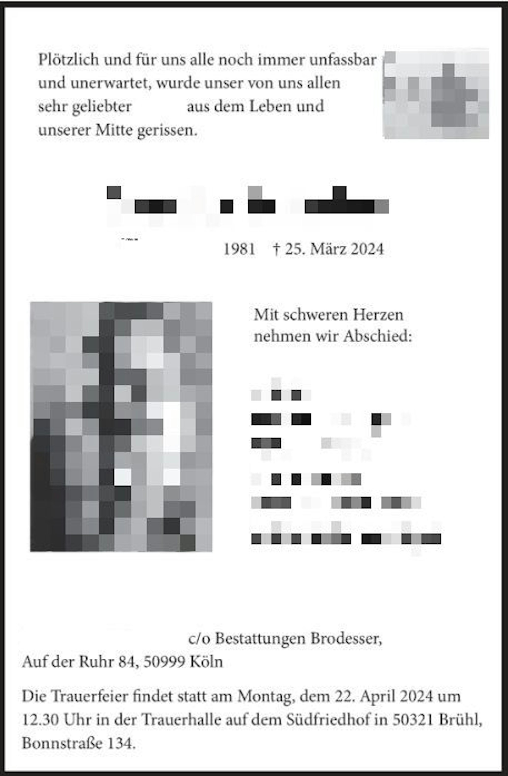 Traueranzeige für einen toten Mann.