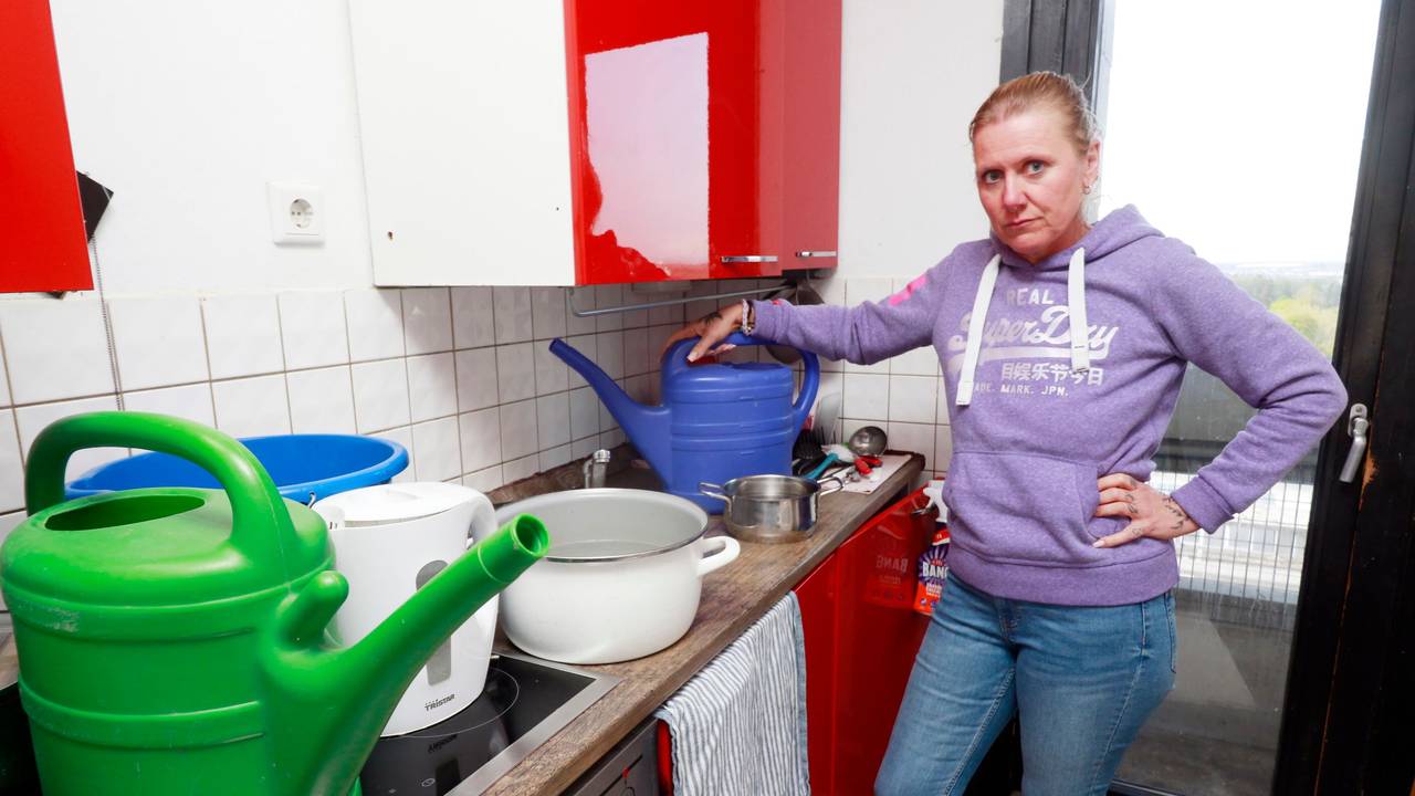 Eine Frau steht vor einer Küche, auf der Gießkannen und Töpfe sind.
