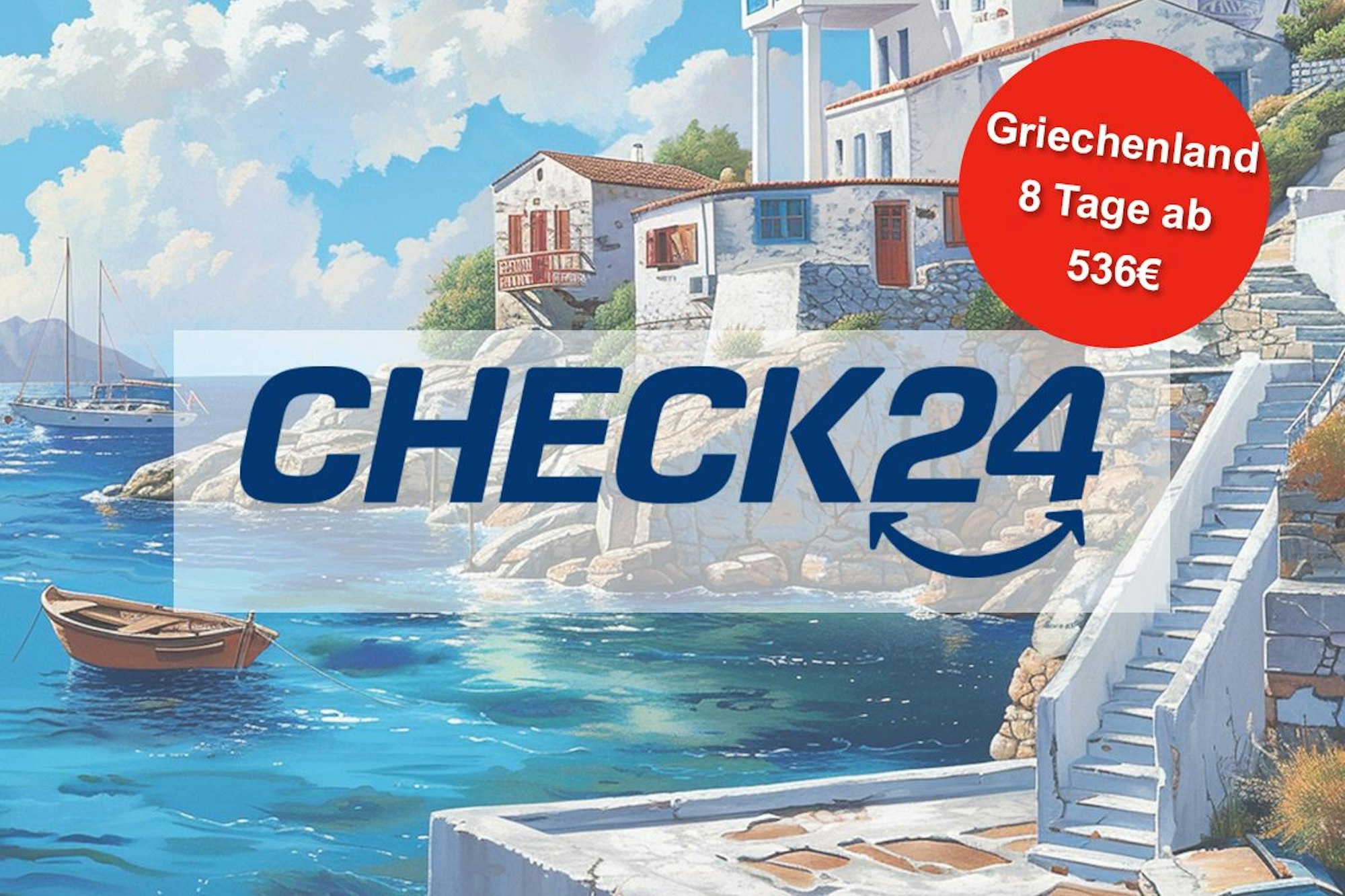 Griechische Küste mit Check24 Logo