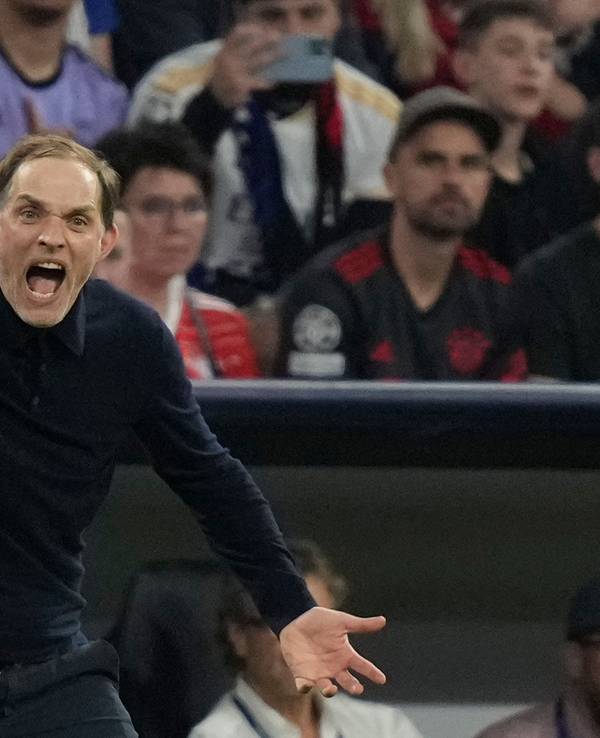 Thomas Tuchel brüllt beim Spiel des FC Bayern gegen Real Madrid in der Champions League.