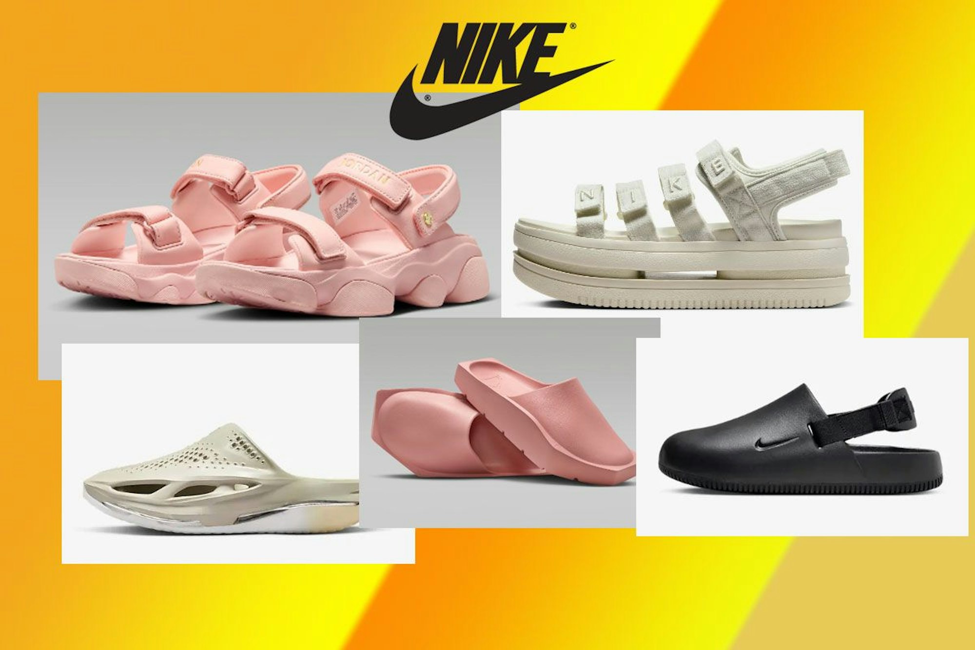 Auf dem Bild sind fünf unterschiedliche Modelle von Nike Slides zu sehen.