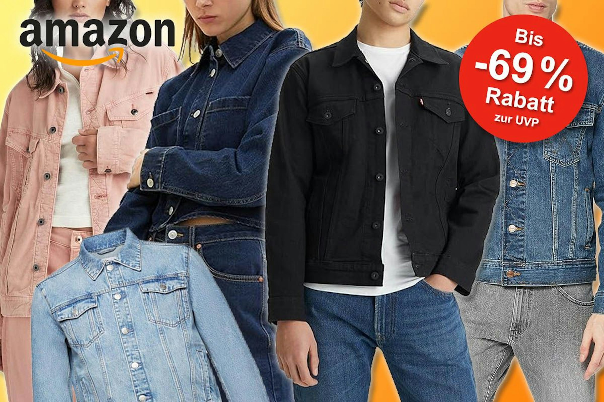 Männer und Frauen mit Jeansjacken von Tom Tailor, Esprit, Levi's, G-Star Raw, Wrangler.