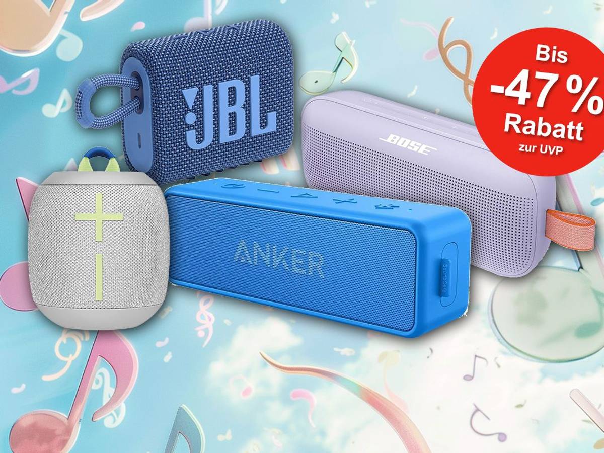 Bluetooth Lautsprecher auf Hintergrund mit pastellfarbenen Musiknoten