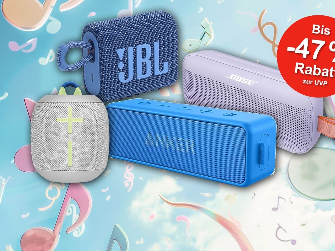 Bluetooth Lautsprecher auf Hintergrund mit pastellfarbenen Musiknoten