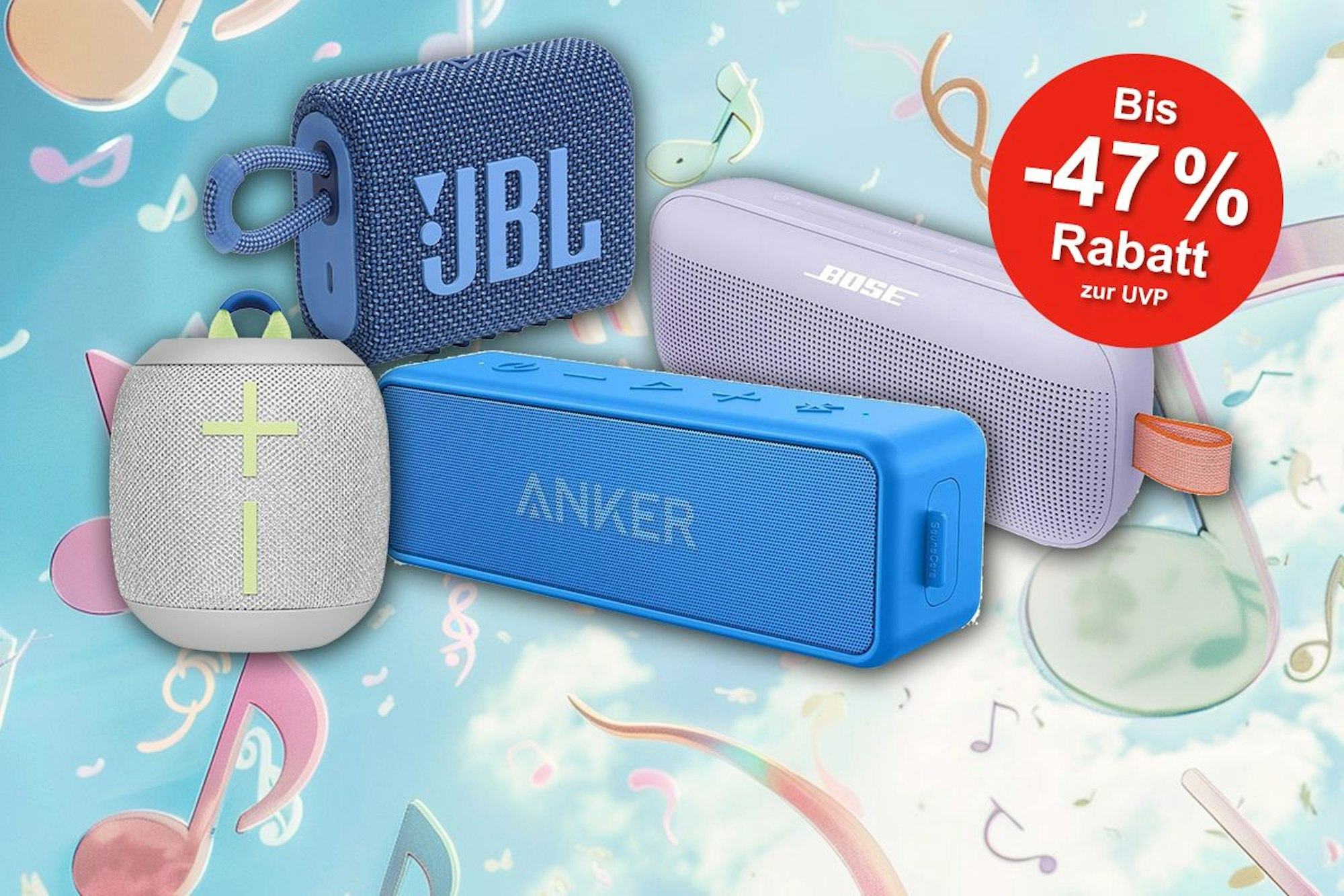 Bluetooth Lautsprecher auf Hintergrund mit pastellfarbenen Musiknoten