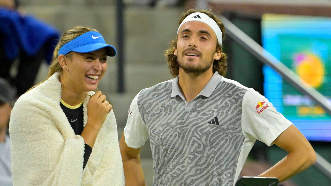 Paula Badosa (l.) und Stefanos Tsitsipas mit guter Laune bei den Indian Wells.