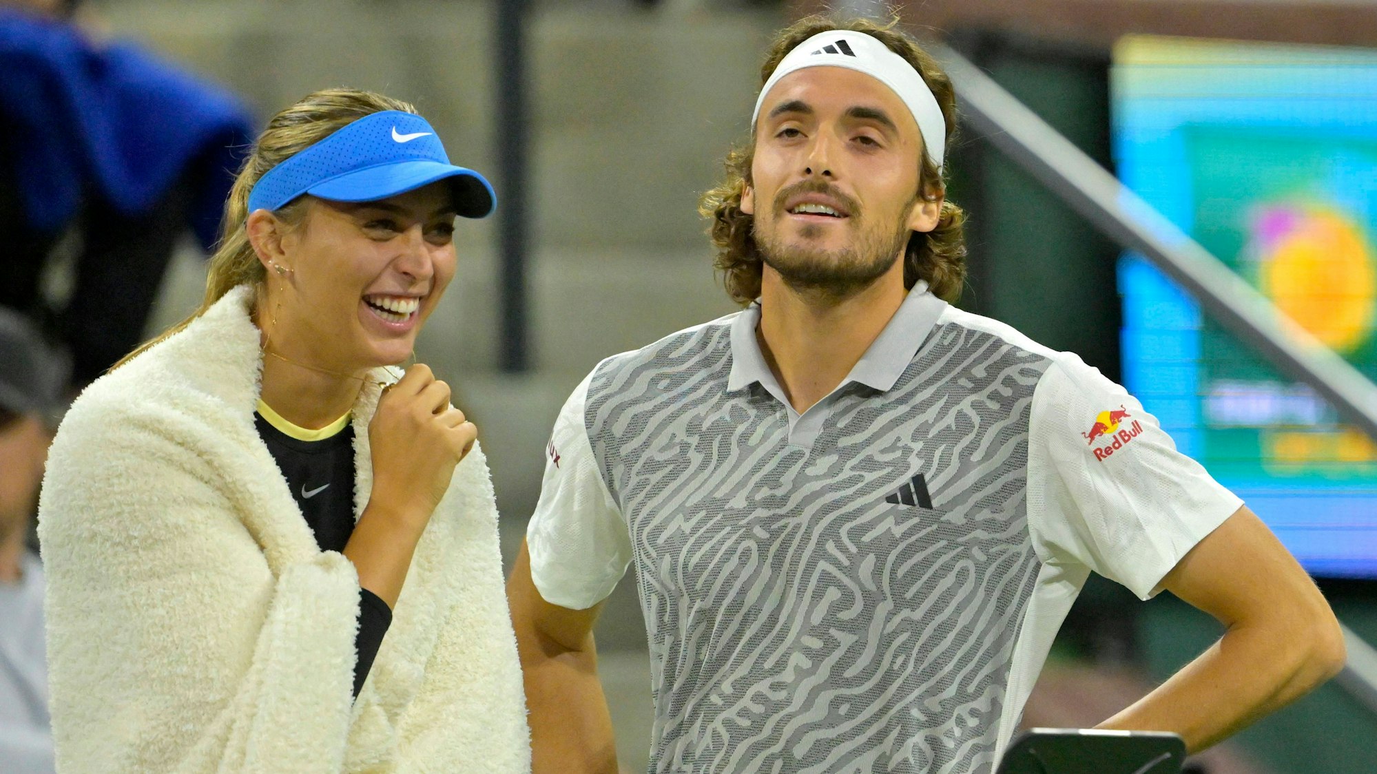 Paula Badosa (l.) und Stefanos Tsitsipas mit guter Laune bei den Indian Wells.