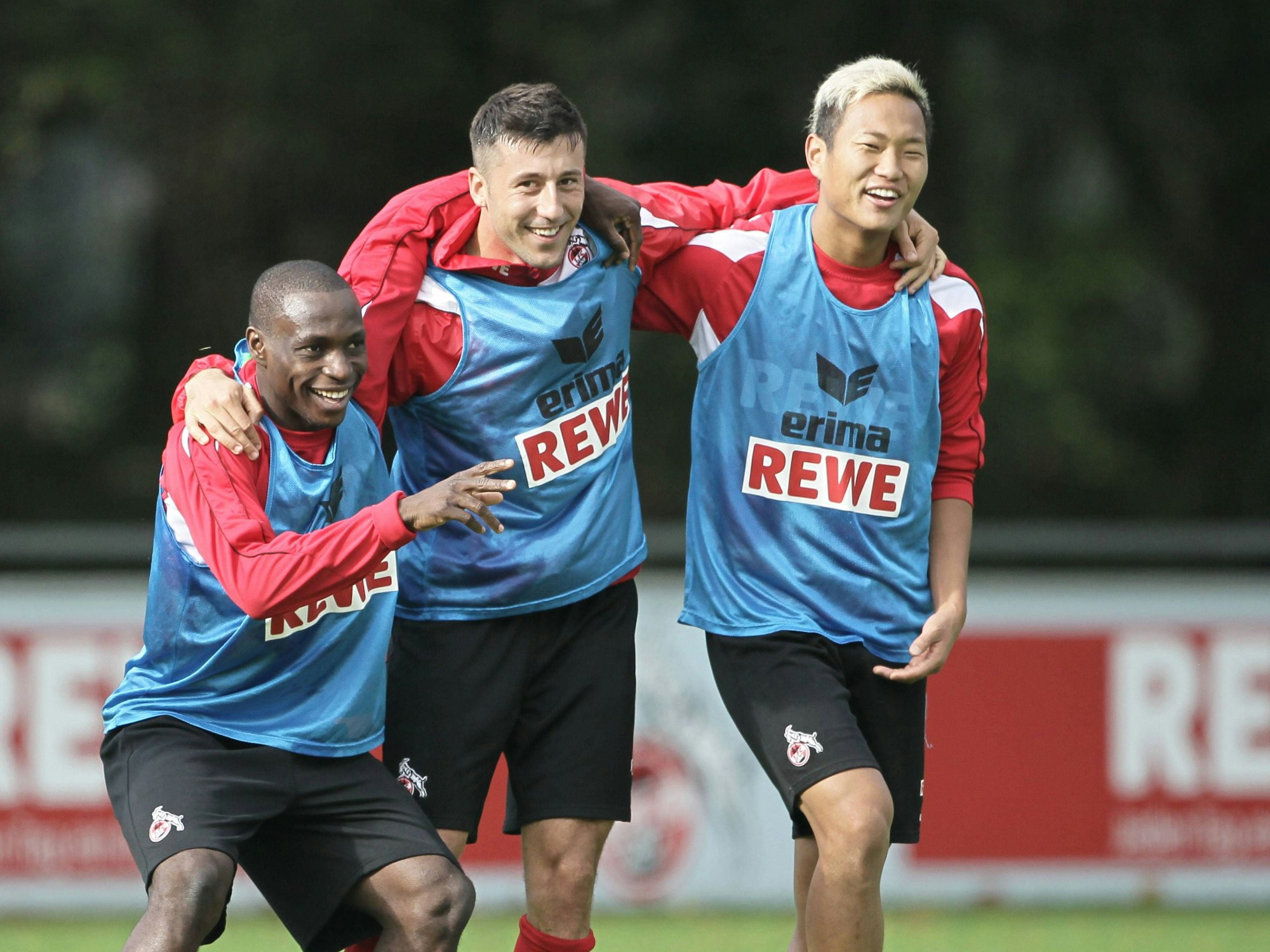 Die ehemaligen FC-Profis Anthony Ujah, Dominic Maroh und Chong Tese (von links) im Training am 7. Oktober 2012.