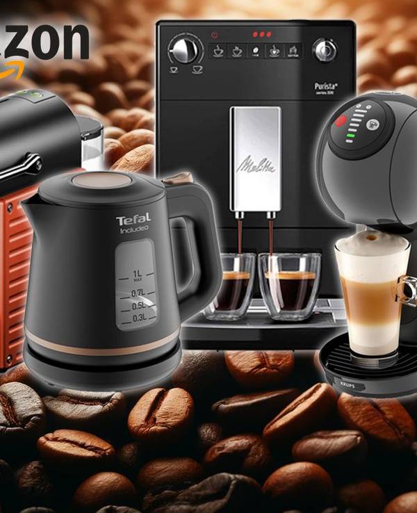 Kaffeemaschinen von De'Longhi, Krups, Rowenta, Tefal und Melitta vor Hintergrund mit Kaffeebohnen.