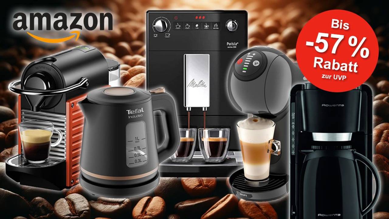Kaffeemaschinen von De'Longhi, Krups, Rowenta, Tefal und Melitta vor Hintergrund mit Kaffeebohnen.