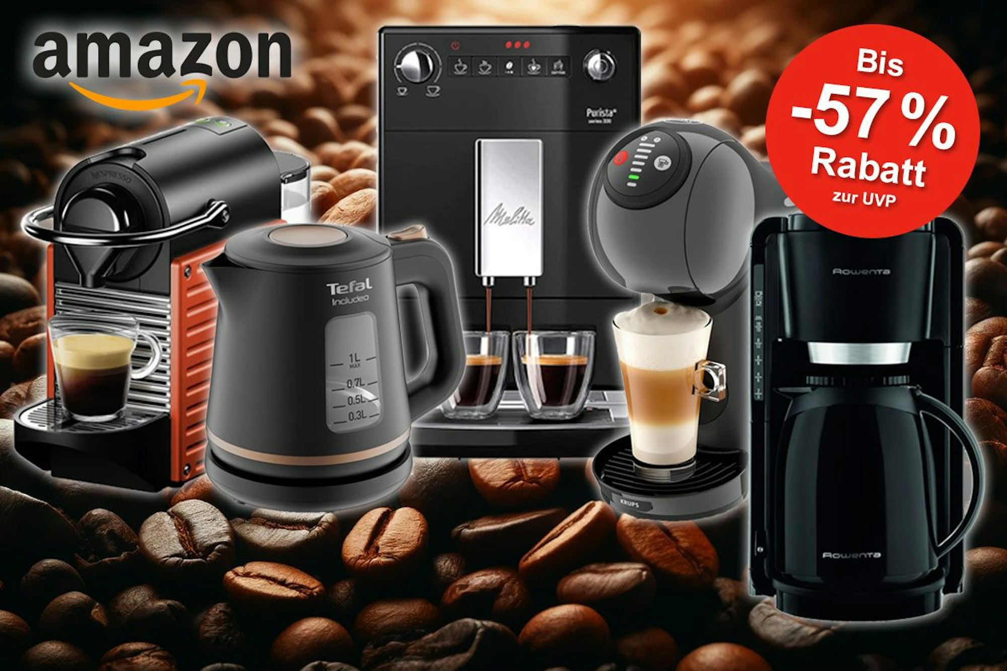 Kaffeemaschinen von De'Longhi, Krups, Rowenta, Tefal und Melitta vor Hintergrund mit Kaffeebohnen.