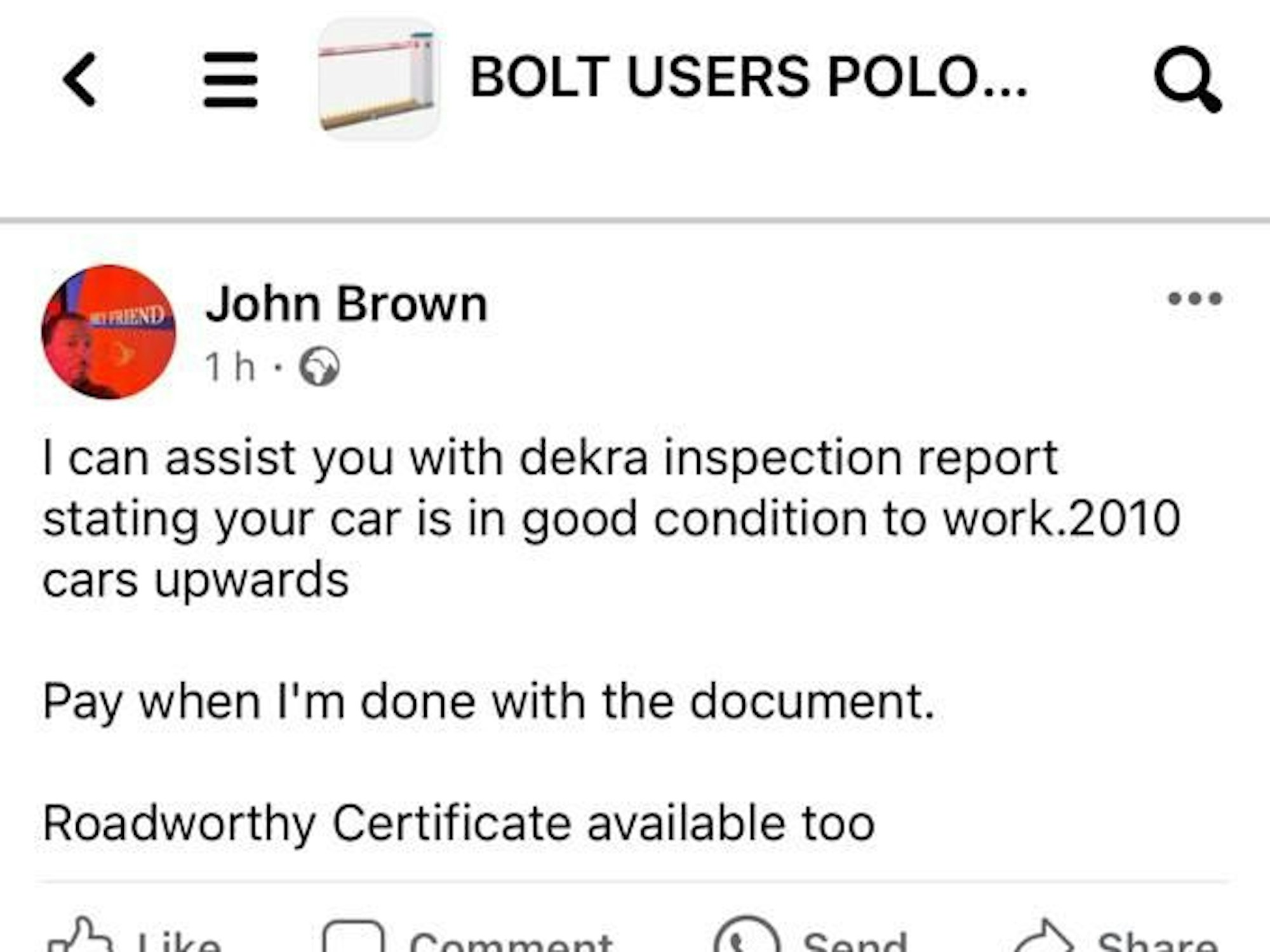 Ein Facebookbeitag für eine Inspektion.