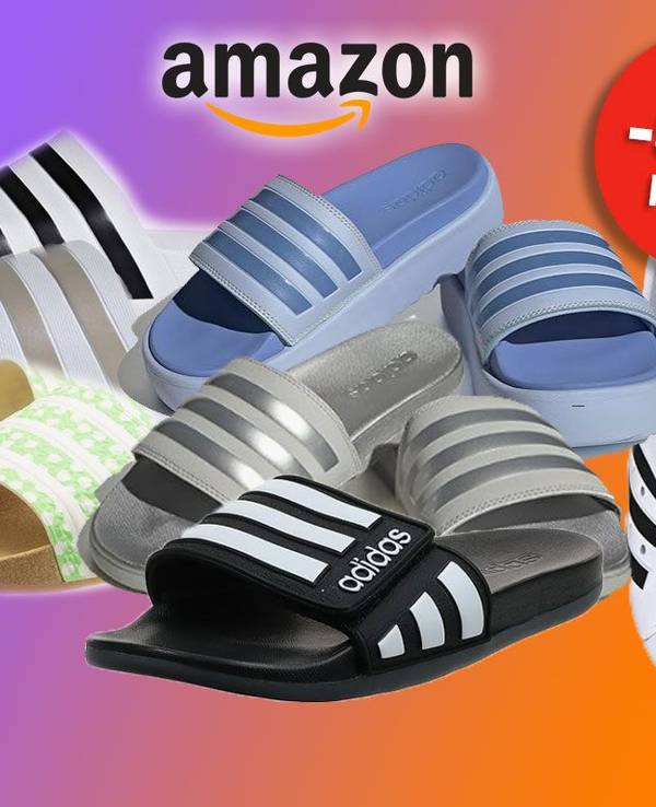 Auf dem Bild sind unterschiedliche Ausführungen und Farben von Adidas Adiletten zu sehen.