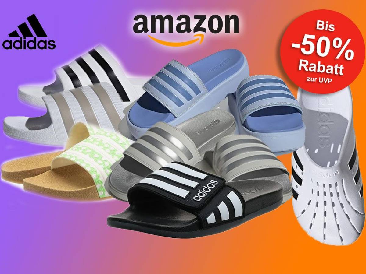 Auf dem Bild sind unterschiedliche Ausführungen und Farben von Adidas Adiletten zu sehen.