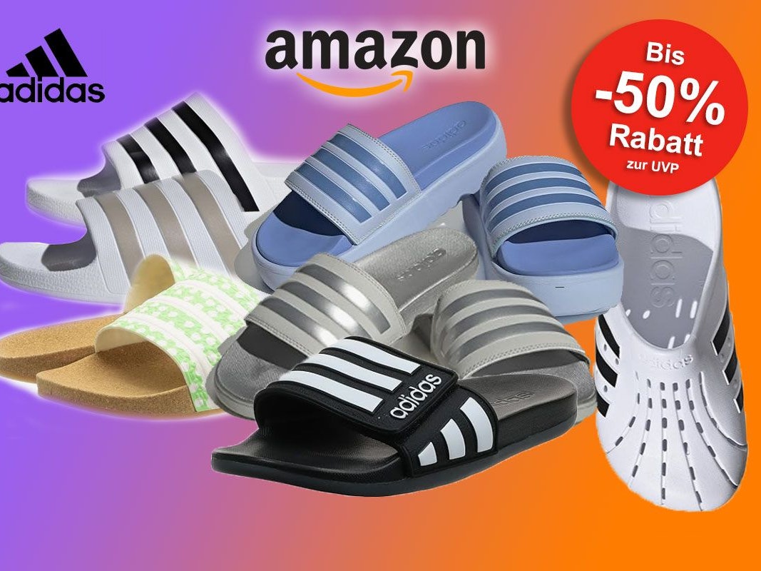 Auf dem Bild sind unterschiedliche Ausführungen und Farben von Adidas Adiletten zu sehen.