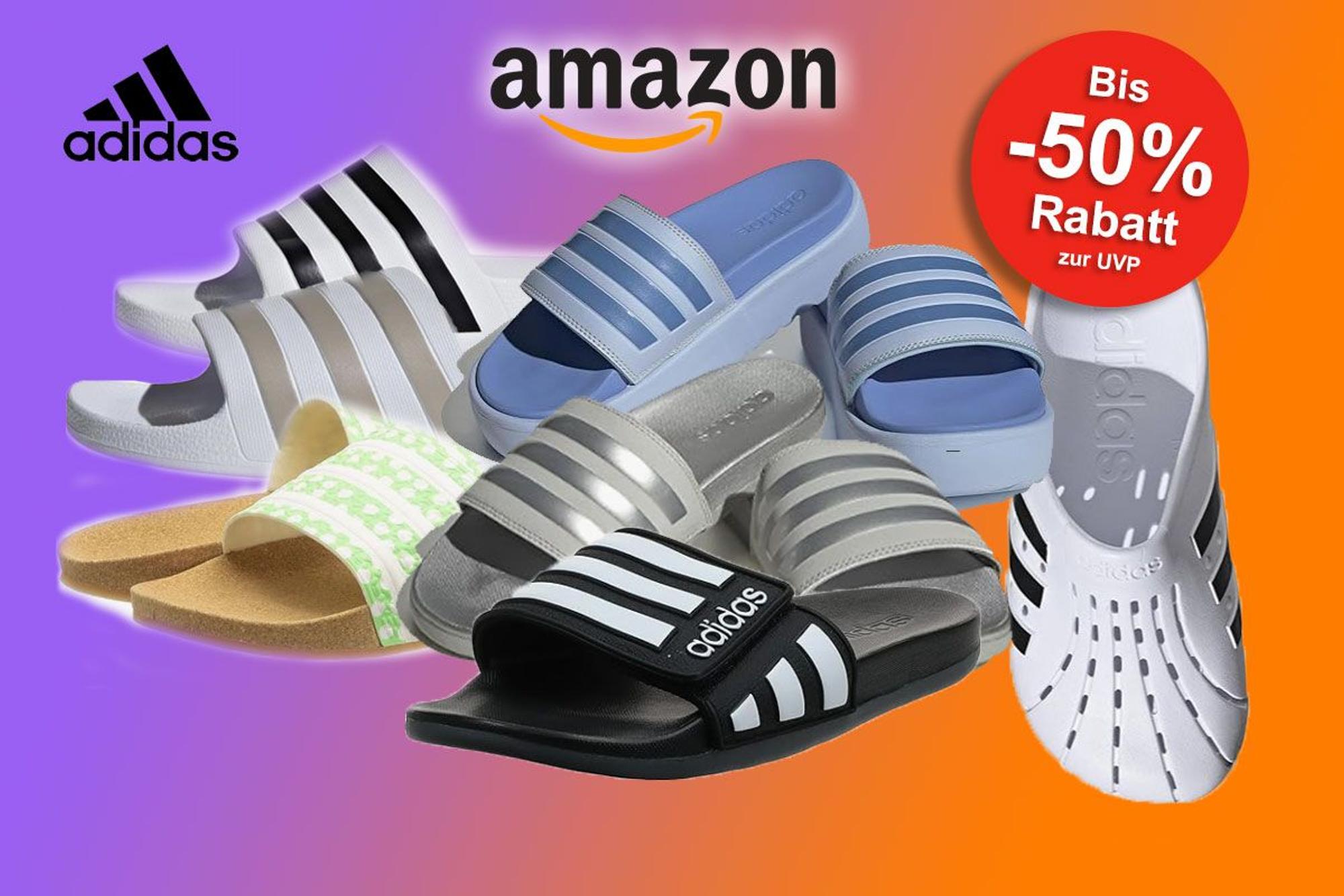 Auf dem Bild sind unterschiedliche Ausführungen und Farben von Adidas Adiletten zu sehen.