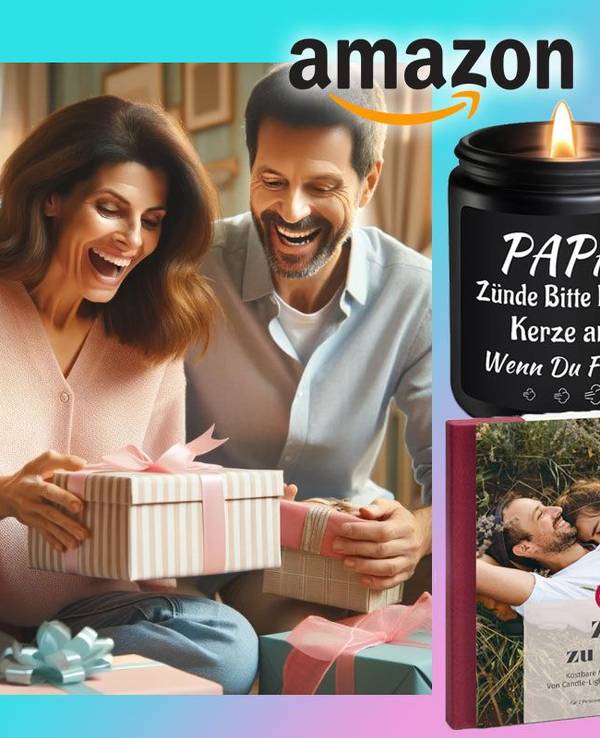Auf dem Bild ist eine Mutter und ein Vater zu sehen die sich über Geschenke freuen. Außerdem sind 4 Geschenkideen auf dem Bild platziert.