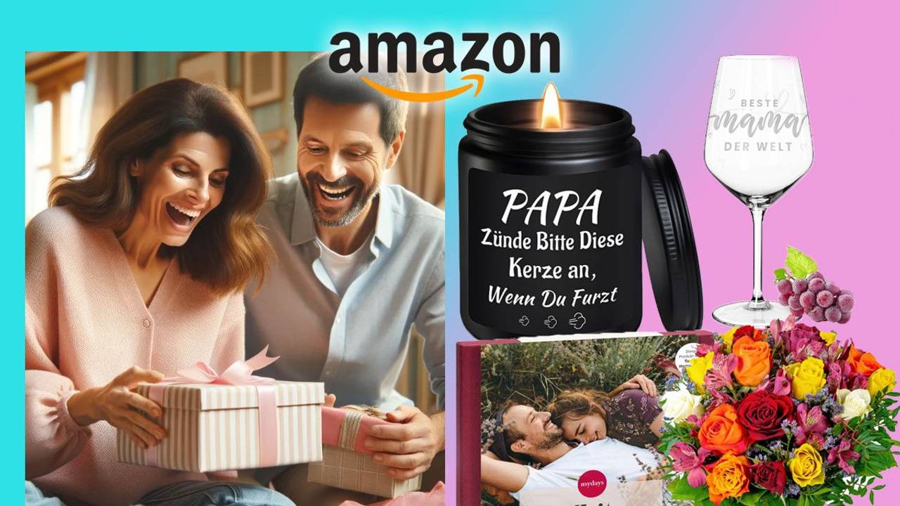 Auf dem Bild ist eine Mutter und ein Vater zu sehen die sich über Geschenke freuen. Außerdem sind 4 Geschenkideen auf dem Bild platziert.