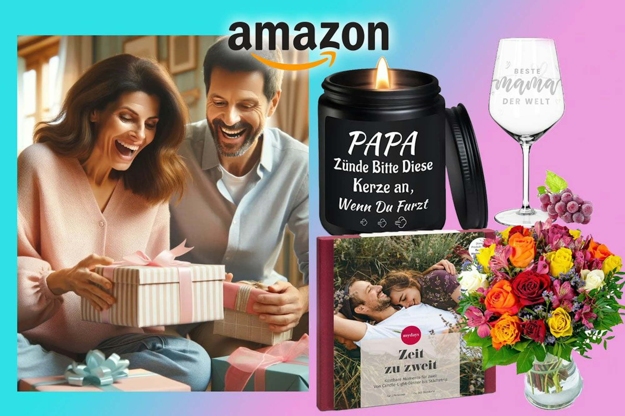 Auf dem Bild ist eine Mutter und ein Vater zu sehen die sich über Geschenke freuen. Außerdem sind 4 Geschenkideen auf dem Bild platziert.