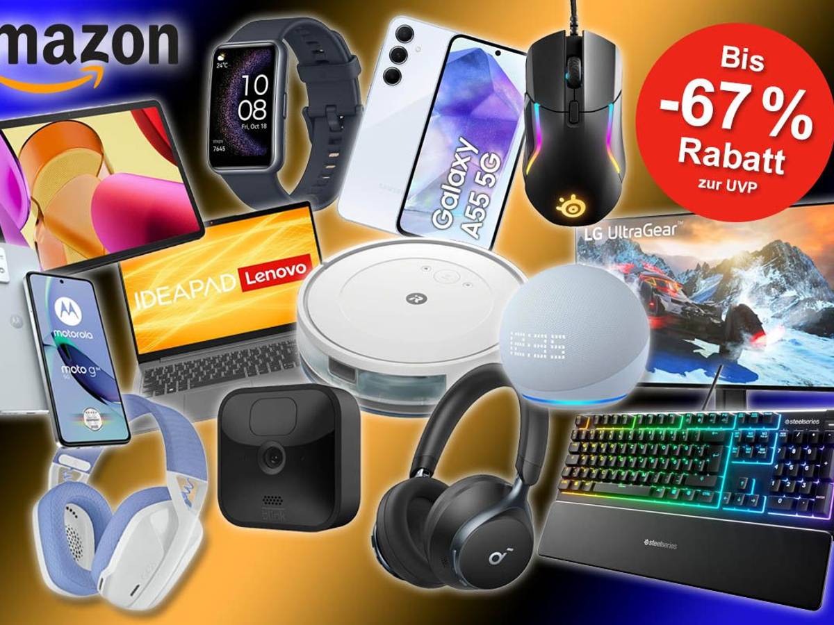 Elektronische Geräte von Smartphone über Computer-Tastatur bis Laptop, Tablet, Saugroboter und Kopfhörer von Amazon, SteelSeries, Motorola, Samsung, Lenovo, Huawei, iRobot.