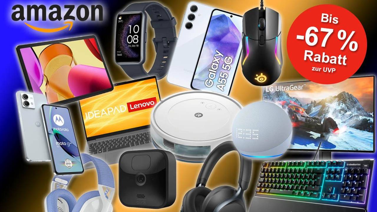 Elektronische Geräte von Smartphone über Computer-Tastatur bis Laptop, Tablet, Saugroboter und Kopfhörer von Amazon, SteelSeries, Motorola, Samsung, Lenovo, Huawei, iRobot.