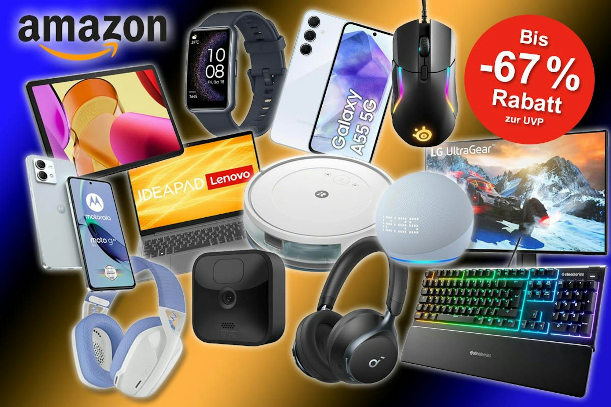 Elektronische Geräte von Smartphone über Computer-Tastatur bis Laptop, Tablet, Saugroboter und Kopfhörer von Amazon, SteelSeries, Motorola, Samsung, Lenovo, Huawei, iRobot.