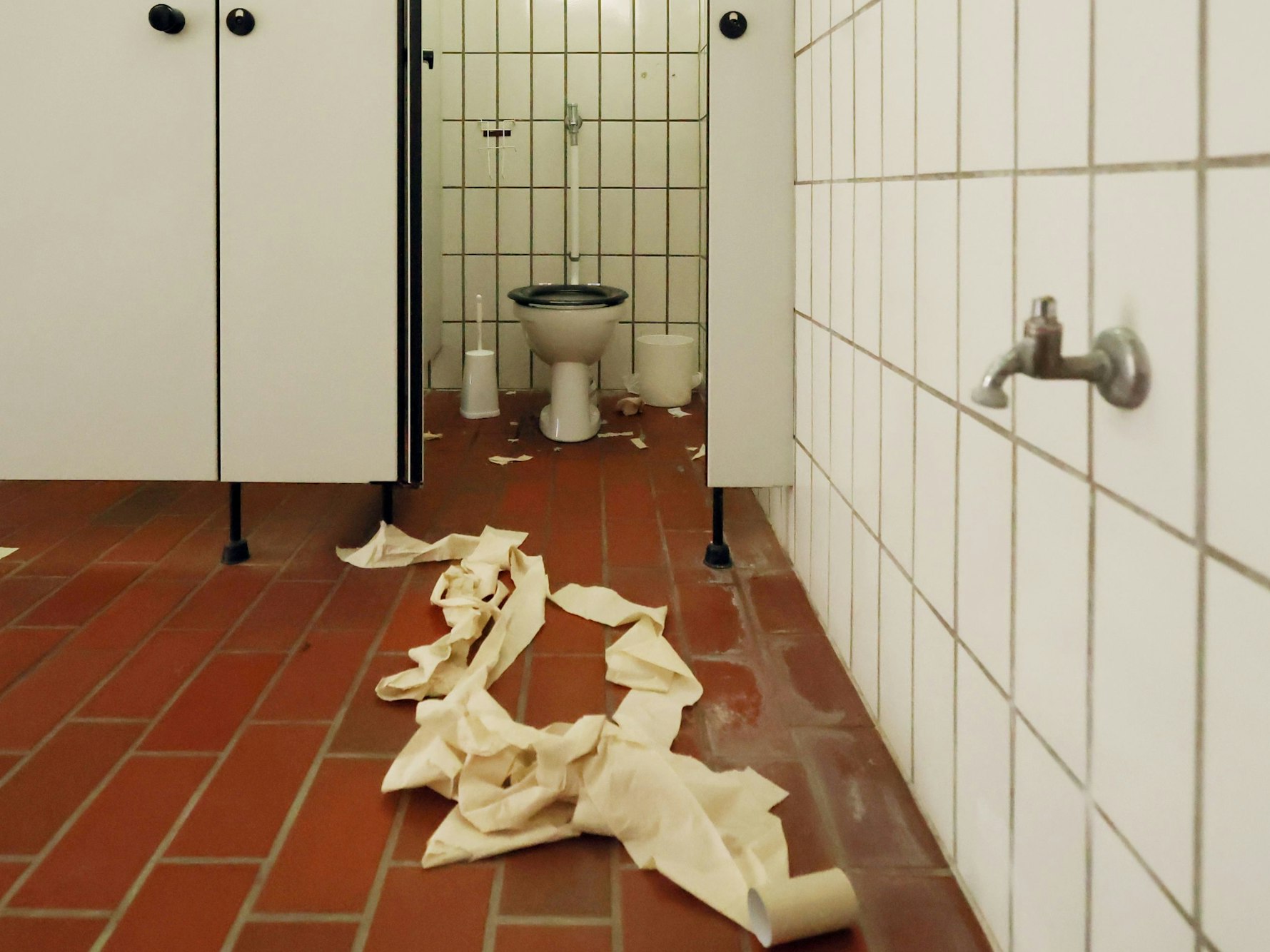 Vor einer Toilette liegt eine ausgerollte Klorolle auf dem Boden.