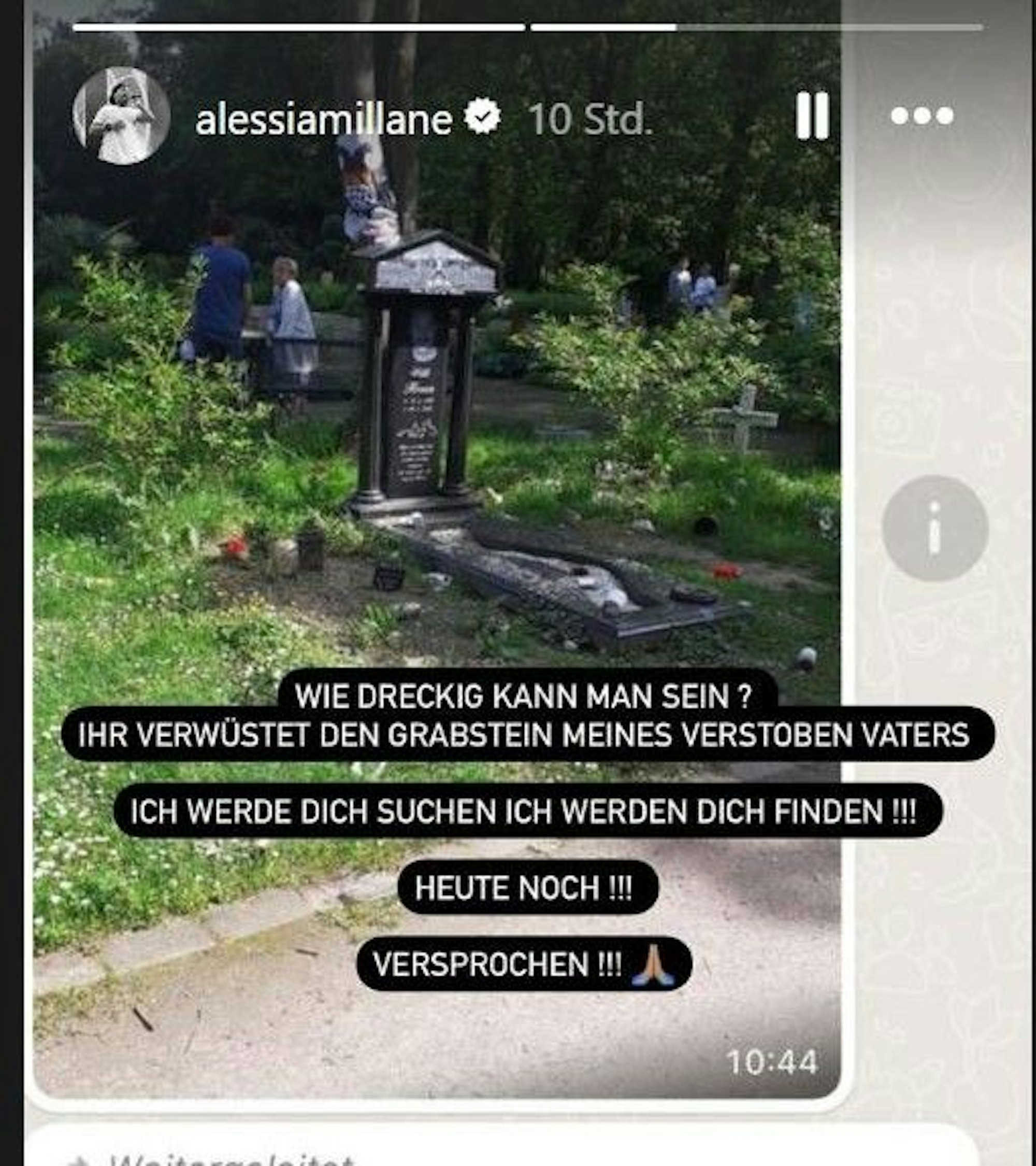 Alessia Herren postet am Sonntag in ihrer Instagram-Story ein Foto vom beschädigten Grab ihres Vaters, Willi Herren.