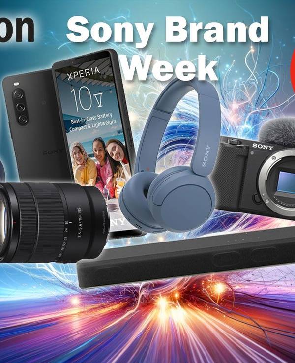 Sony WH-1000XM4 Kopfhörer, Alpha ZV-E10 Kamera, Xperia 10 V Handy, HT-X8500 2.1 Kanal Dolby Atmos Soundbar vor Hintergrund mit Blitzen und Funken.