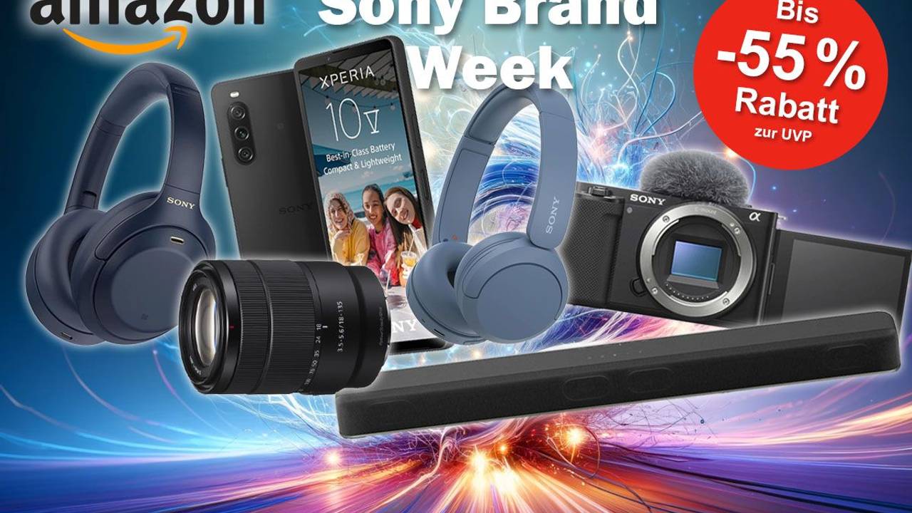 Sony WH-1000XM4 Kopfhörer, Alpha ZV-E10 Kamera, Xperia 10 V Handy, HT-X8500 2.1 Kanal Dolby Atmos Soundbar vor Hintergrund mit Blitzen und Funken.