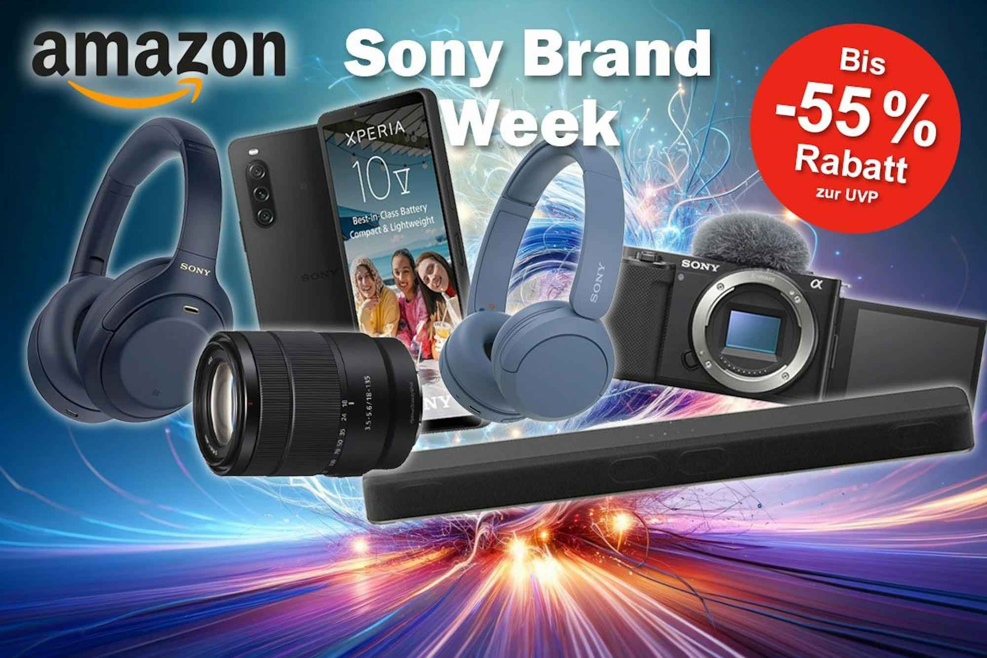 Sony WH-1000XM4 Kopfhörer, Alpha ZV-E10 Kamera, Xperia 10 V Handy, HT-X8500 2.1 Kanal Dolby Atmos Soundbar vor Hintergrund mit Blitzen und Funken.