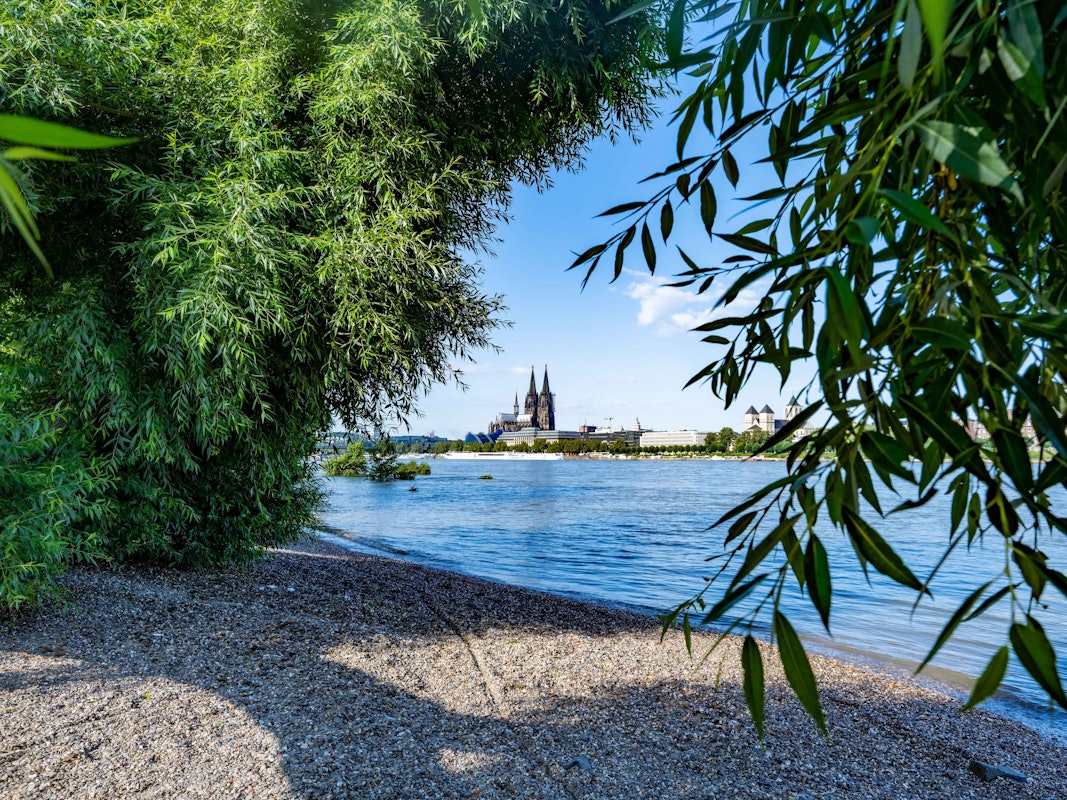 Mit Blick auf den Kölner Dom – Strandidylle am Rhein im Rheinpark.